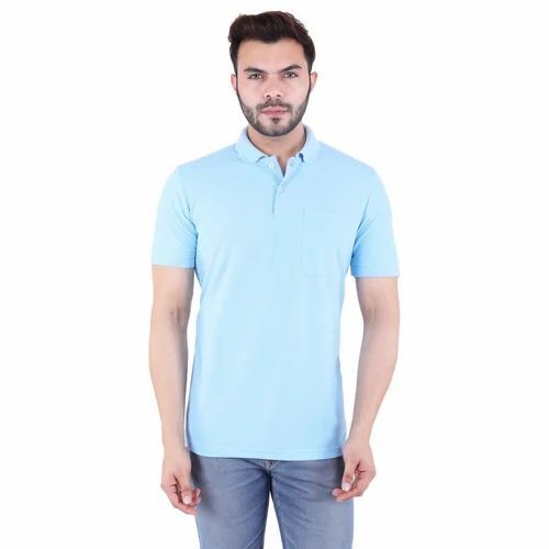Men Polo Neck T Shirt - 100% Pure Cotton, 150 GSM | Light Weight, Breathable, Short Sleeves, Sky Blue, Adult Sizes S-XL