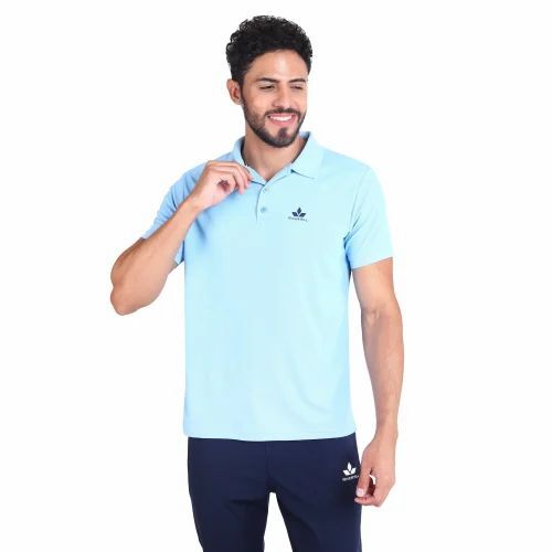 Mens Polo Neck T-Shirt - 220 GSM, Slim Fit Design in Sky Blue | Lightweight, Breathable, 100% Washable Polyester