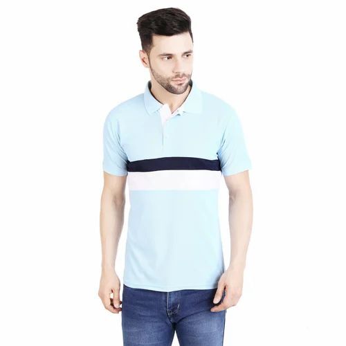 Short Sleeve Polo T Shirt - 100% Polyester Regular Fit Light Weight and Breathable Sky Blue Color for Male Adults