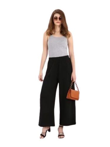 Premium Quality Black Cotton Plazzo - Relaxed Fit Elastic Waistband Drawstring Closure | Anti-Wrinkle Breathable Material Full-Length Design Loose Fit Stretchable Fabric