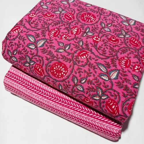 Cotton Printed Fabric - Pink Floral Kantha Design, Medium Weight Summer Material, Handwashable, 44-45 Inches Wide