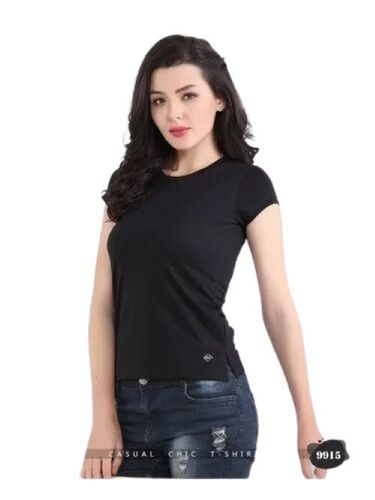 Ladies Cotton Solid T Shirt - Cotton XS Black | Breathable Stretchable Material Slim Fit Flattering Cut Lightweight Trendy Patterns Stylish O-Neck Comfortable Short Sleeves