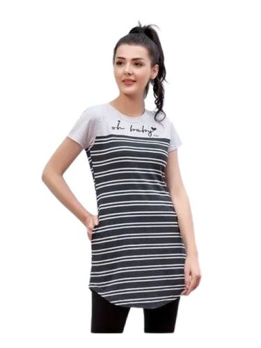 Ladies Long Strip Top - Cotton, Slim Fit, White and Pink Striped Design | Breathable, Lightweight, Stretchable, Stylish Neckline, Comfortable Sleeves