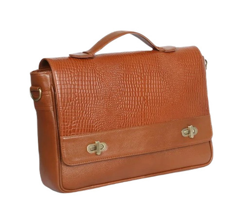 Leather Office Bags - 17 Inch Tan Leather Zipper Closure Fancy Handle Bags for Men