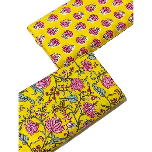 Yellow Cotton Printed Fabric - 100% Cotton, 37 Inch Width | Light Weight, Handwash, Suitable for Summer Apparel, Block Print Design