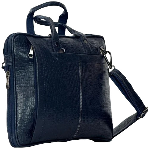 Leather Laptop Bag - Zipper Closure, Plain Design, Unisex, Fancy Style, Blue Color