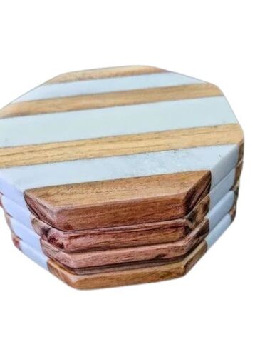 Tea And Coffee Coaster - Wooden And Marble Hex Shape | White And Brown Color Sturdy Build Elegant Design Smooth Polished Finish Heat Resistant Stain Resistant Natural Veining