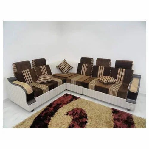 Designer Wooden Sofa Set - Premium Fabric Upholstery, Brown Color, Modern 3+2 Configuration for Home Use, Attractive Design, Customizable Size, Optimum Comfort
