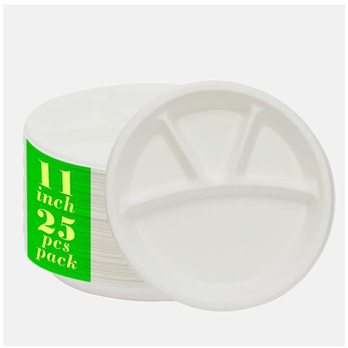 Disposable Compartment Plates - Thermacoal, 11 Inch, White | Four Compartment Design, Eco-Friendly, Leakproof, Pack of 25