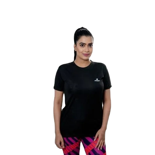 Ladies Black Polyester T-Shirt - Regular Fit, O-Neck, Short Sleeves | Attractive Pattern, Available in Sizes S to XXL