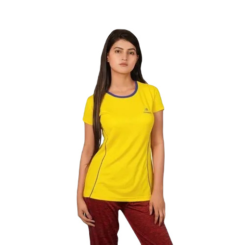 Ladies Lycra T Shirt - Regular Fit, Short Sleeve, O-Neck, Yellow Color, Available in Sizes S-XXL | Attractive Plain Pattern for Casual Wear