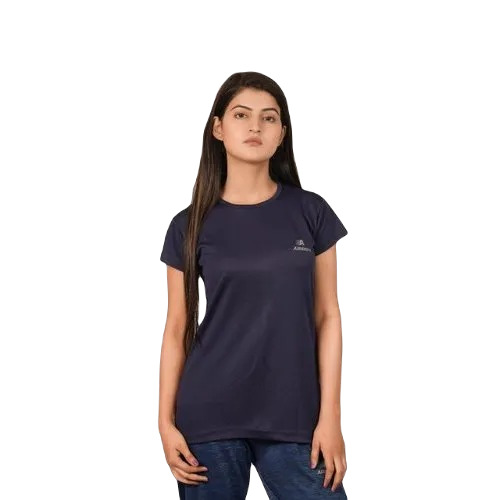 Ladies Navy Blue T-Shirt - Polyester, Sizes: S, M, L, XL, XXL, O-Neck Collar, Regular Fit, Short Sleeves, Casual Wear, Plain Pattern