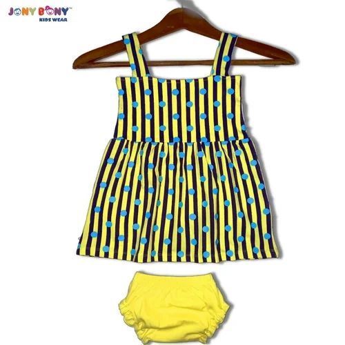 Girl Frock And Underwear Set - Cotton Sizes S & XXS Yellow and Green | Playful Prints Soft Fabric Cool Pass Anti-UV Quick Dry Stylish Look