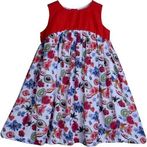 Playful Prints Kids Casual Printed Frock - Cotton, S-M-XXL-XXXL-Plus Size, White And Red | Lightweight, Sleeveless, Quick Dry, Anti UV, Cool Dry, Water Proof, Breathable Material