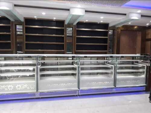 Glass Display Counter - Glass, Sturdy Frame, Golden And Black Finish | LED Illumination, Adjustable Shelves, Lockable Doors, Scratch-Resistant, Premium Quality