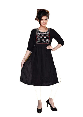 Black Kurtis - Cotton Customized Size Round-Neck Regular Fit | Bohemian Style Quick Dry Anti Wrinkle Breathable 3-4th Sleeve Plain Pattern