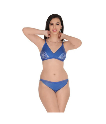 Blue Net Bra & Bikini Panty Set - 3/4th Plunge Neck, High-Rise | Skin-Friendly, Breathable, Fade & Wrinkle Resistant