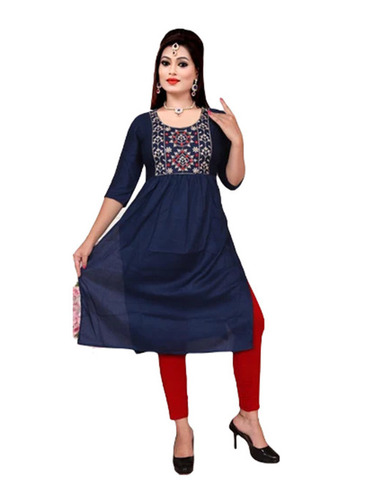 Blue Modern Kurtis - Cotton Customized Size Blue Color | 3-4th Sleeve Round-Neck Bohemian Style Anti-Wrinkle Breathable Quick Dry
