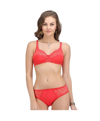 Bra & Panty Set - Cotton & Net Material, Mid-rise, Plunge Neck Design, Orange Color | Skin-friendly, Breathable, Fade & Wrinkle Resistant, Regular Fit, Daily Wear