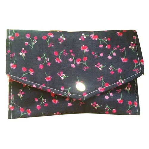 Black Floral Printed Envelope Clutch Purse - 7 x 5 Inch Cotton, Handmade with 3 Compartments, Button Closure for Party Wear