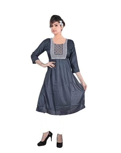 Gray Cotton Kurtis - Regular Fit, Round-Neck, 3-4th Sleeve | Anti-Wrinkle, Breathable, Quick Dry, Machine Washable