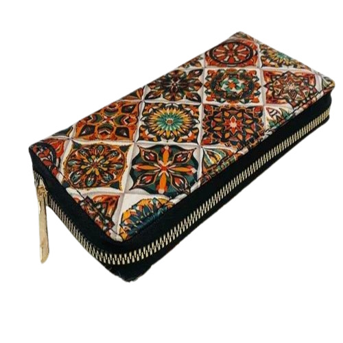 Ladies Printed Wallet - PU Material 2 Compartments Multi Ikkat Design | Premium Quality Optimum Regular Use Zipper Closure