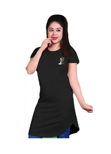 Cotton Long T-shirt - Regular Fit, Black O-neck With Short Sleeves | Breathable, Skin-friendly, Fade And Wrinkle Resistant For Casual Summer Wear