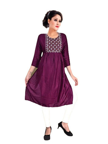 Purple Modern Kurtis - Cotton, Customized Size, Purple Color | Features: 3/4th Sleeve, Round-Neck, Anti-Wrinkle, Breathable, Quick Dry, Machine Washable