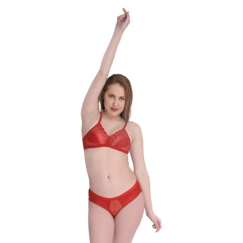 Bra & Panty Set - High-Rise Bikini, Plunge Neck Sleeveless Bra | Skin-Friendly, Breathable, Fade & Wrinkle Resistant, Regular Fit, Daily Wear, Hand Wash, Red Color, Available Sizes 28-42
