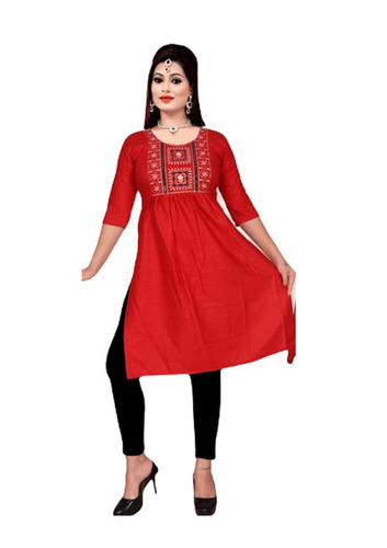 Red Cotton Bohemian Kurtis - Regular Fit, Round-Neck, 3-4th Sleeves | Anti-Wrinkle, Breathable, Quick Dry, Machine Washable