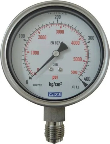 Wika Pressure Gauge - 4 Inch, 0 to 25 Bar Range | Stainless Steel Casing, Analog Display, Liquid Filled with Glycerine