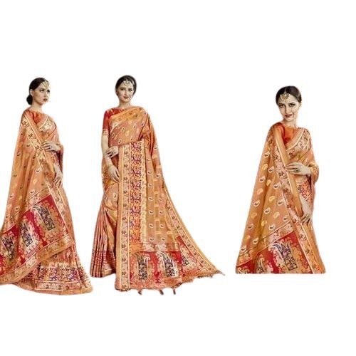 Ladies Banarsi Saree - Premium Silk, Red And Orange Color | Intricate Zari Work, Luxurious Texture, Bold Heavy Pallu Design, Elegant Drape, Traditional Motifs, Glossy Finish, Perfect for All Seasons