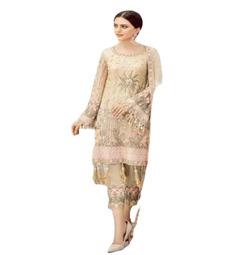 Ethnic Ladies Salwar Suits - Georgette, Large Size, Cream Color | Breathable, Anti Wrinkle, Embroidered Full Sleeves