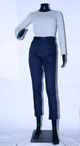 Hand Washable Ladies Cotton Lycra Pant - Narrow Fit, High Waistband, Lightweight, Double Pockets, Anti Pilling, Breathable, Quick Dry, Wrinkle-Resistant - Navy Blue