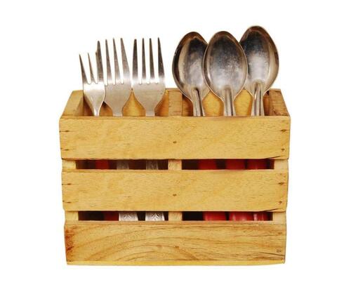 Kitchen Wooden Cutlery Holder - Wooden Material, Square Shape, Yellow Color | Durable, Eco-Friendly, Easy to Clean, Multiple Compartments, Non-Slip Base, Space-Saving Design