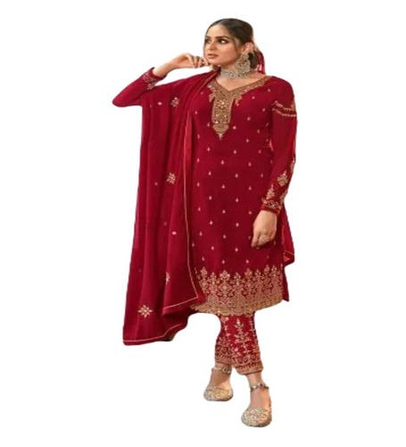 Ladies Fancy Suit - Georgette Full Sleeves, Red Embroidered Pattern | Breathable, Anti-Wrinkle, No Fade, Perfect for Summer and Winter Party Wear