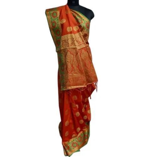 Ladies Banarasi Silk Saree - Premium Quality, Vibrant Red Color with Luxurious Texture | Traditional Checked Design, Rich Zari Work, Elegant Drape, Detailed Borders