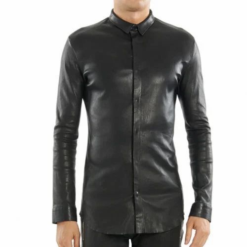 Men Leather Shirt - Customized Sizes Black Full Sleeves | Wrinkle-Free Shrink Resistant Neat Stitching Breathable Fabric Eye-Catching Design Perfect for Gifting