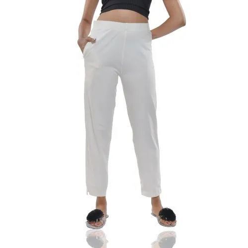 White Comfortable Cotton Pant - Casual Wear, Narrow Fit, Hand Wash | Moisture-Wicking, Breathable, Lightweight, High Waistband, Double Pockets