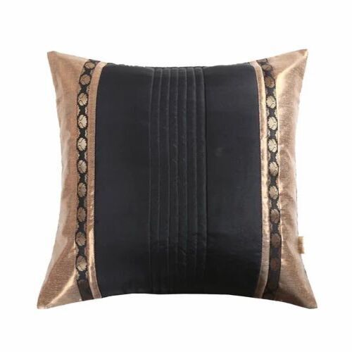 Black Quilted Jacquard Cushion Cover - Cotton Material, 16"x16" Size, Black & Golden Color | Plain Dyed Pattern, Square Shape, Set of 3