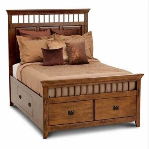 Designer Wooden Storage Bed - King Size, Teak Wood with Drawer Storage, Natural Brown Finish, Eco-Friendly Design, Premium Quality