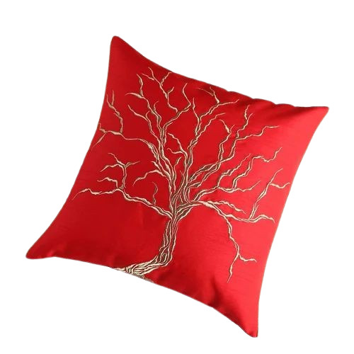 Premium Dupion Embroidered Cushion Cover - 16 x 16 Inches, Rich Red Color with Intricate Zari Design