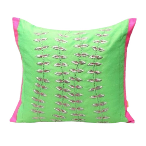 Green Embroidered Poly Dupion Cushion Cover - 100% Cotton, 16 x 16 Inches, Green Leaf Pattern, Square Shape, Dry Clean Only