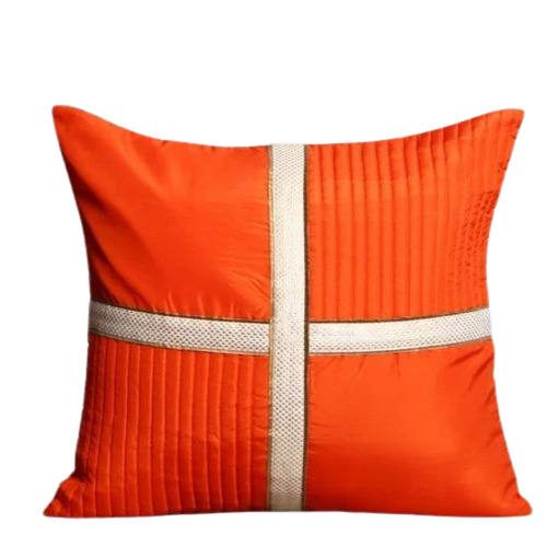 Orange Silk Blend Cushion Cover - 18 x 18 Inches, Square Shape , Hand Made with Multicolor Design in Orange and White, Machine Washable Set of 5