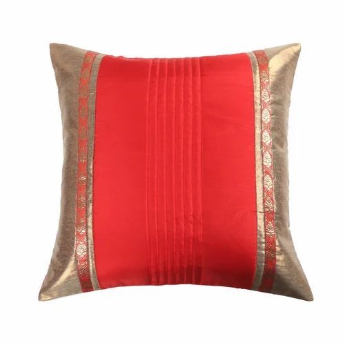 Red Gold Quilted Jacquard Cushion Cover - Silk, 18 x 18 Inches, Red and Golden Color, Square Shape | Features Multicolor Design, Cotton Filling, Customizable Size
