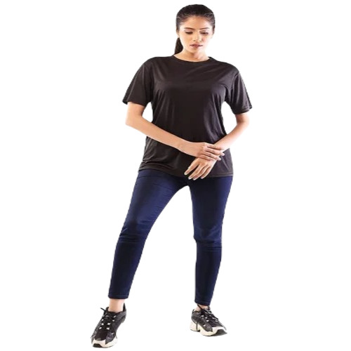 Ladies Regular Fit T-Shirt - Black Polyester, Attractive Pattern Design | Short Sleeves, O-Neck, Available in Sizes S, M, L, XL