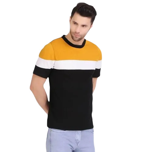 Men Regular Fit T-Shirt - Cotton, S-XL Sizes | Striped Pattern, O-Neck Collar, Short Sleeves, Yellow-White-Black Colors