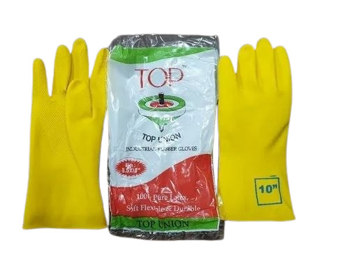 Top 10" Industrial Rubber Gloves - Rubber, Standard Size, Yellow | Breathable, Interlock Lining, Full Finger Style, Plain Pattern