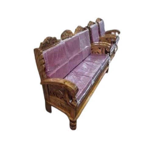 MM Jali Teak Wood Carved Sofa Set - Premium Quality 5 Seater, Brown & Pink Leather Upholstery | Modern Design, Eco-Friendly, Tight Back Rest, Optimal Comfort