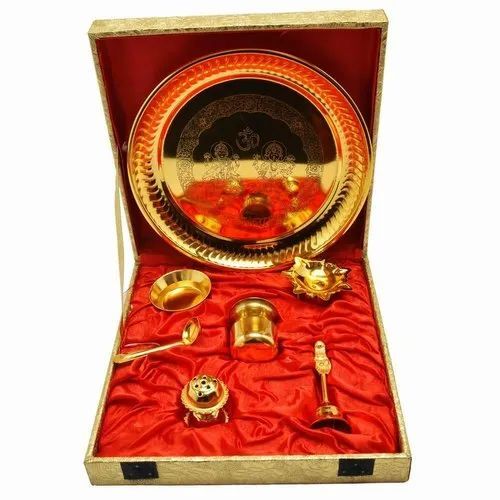 Brass Gold Plated Pooja Thali - 24x24x8 cm, Glossy Finish in Golden Color | Traditional Design, Packaged in Elegant Velvet Box